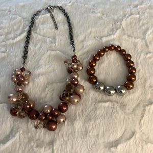 Pearl (faux) and crystal cluster necklace and stretch bracelet